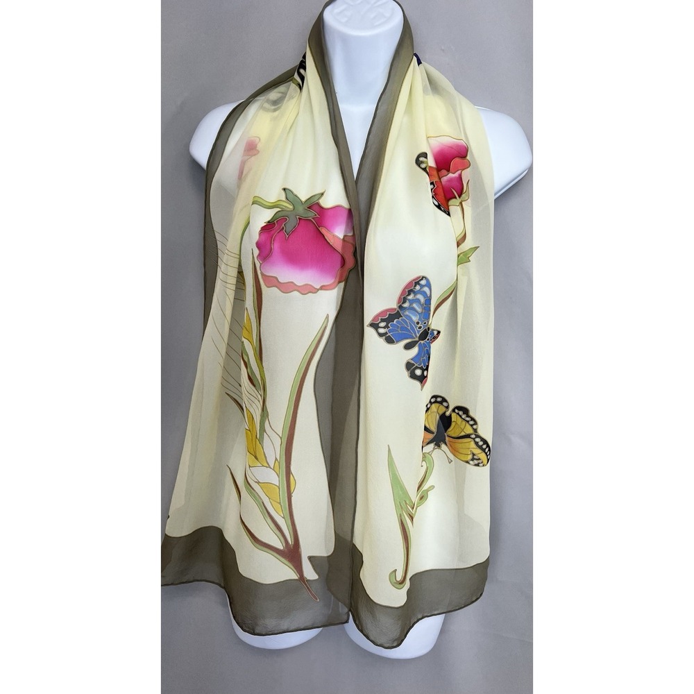 Women's Butterfly Scarf Yellow Silk Roller Hand 56"x14" Multicolor